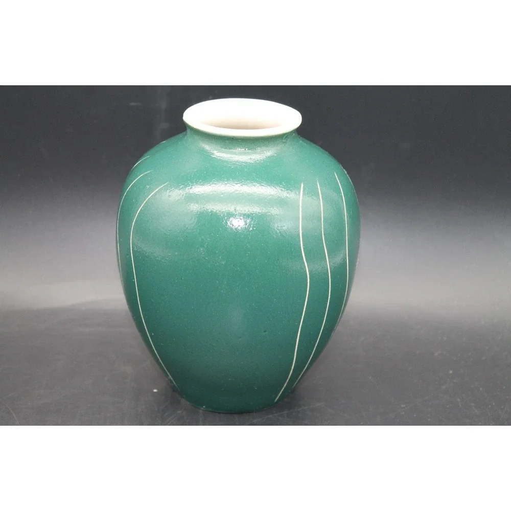 Vintage Waylande Gregory Sgraffito Art Pottery Vase Green Figural Face MCM
